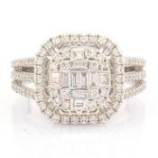 IDL Certificated 14K White Gold Baguette Diamond & Diamond Ring (Total 0.91 ct Stone)