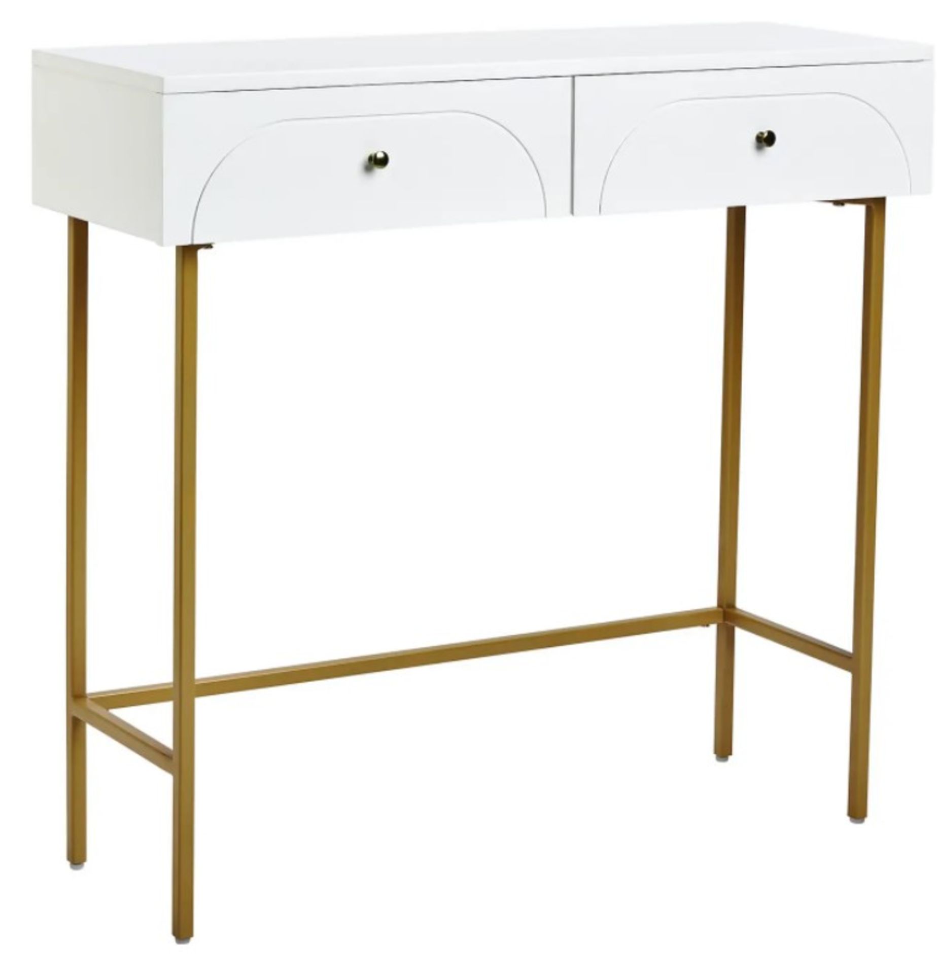 (Mz) 1x House Beautiful Taylor 2 Drawer Console Desk White RRP £99. White Gloss Finish. Gold Effec - Image 2 of 5