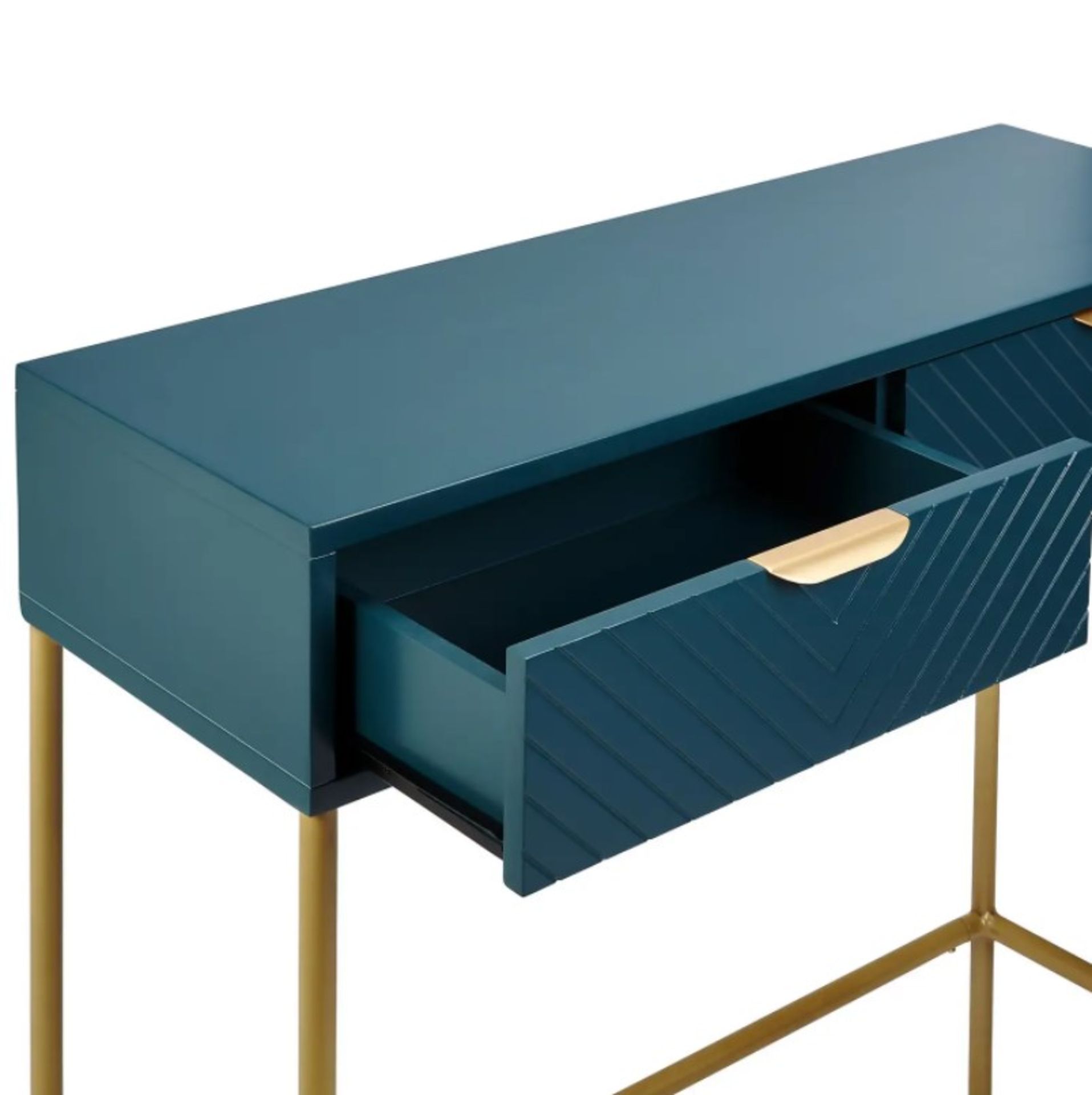 (Mz) 1x House Beautiful Trixie 2 Drawer Console Desk Blue RRP £99. Gloss Finish, Gold Effect Frame - Image 2 of 3