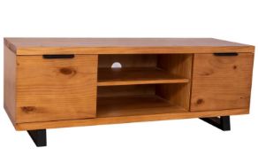 (Mz) 1x Phoenix TV Unit RRP £200. Pine Wood Cabinet Body. Black Metal Legs. (H50x W135x D45cm)