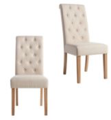 (Mz) 2x Charterhouse Button Back Dining Chairs Natural RRP £160. Fabric Seat, Solid Rubberwood Legs