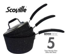 (Mz) 1x Scoville NeverStick 3 Piece Toughened Aluminium Saucepan Set RRP £40.