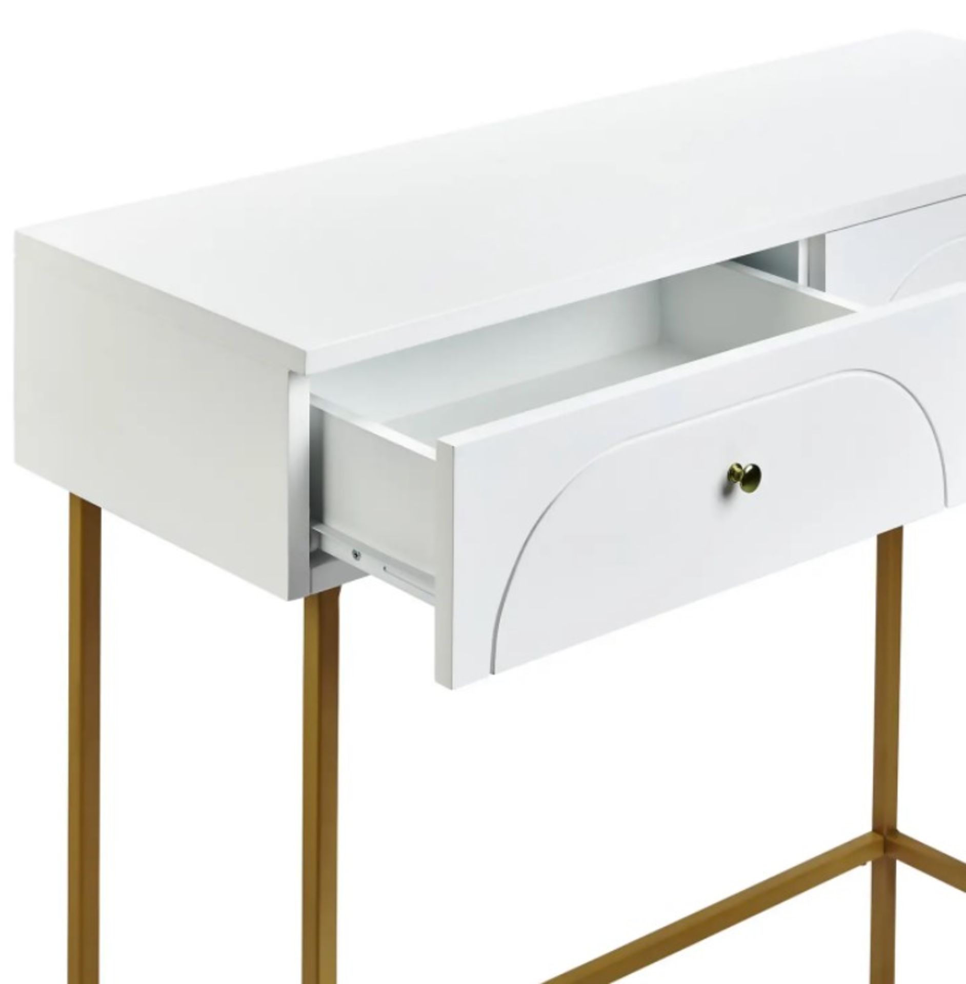 (Mz) 1x House Beautiful Taylor 2 Drawer Console Desk White RRP £99. White Gloss Finish. Gold Effec - Image 4 of 5