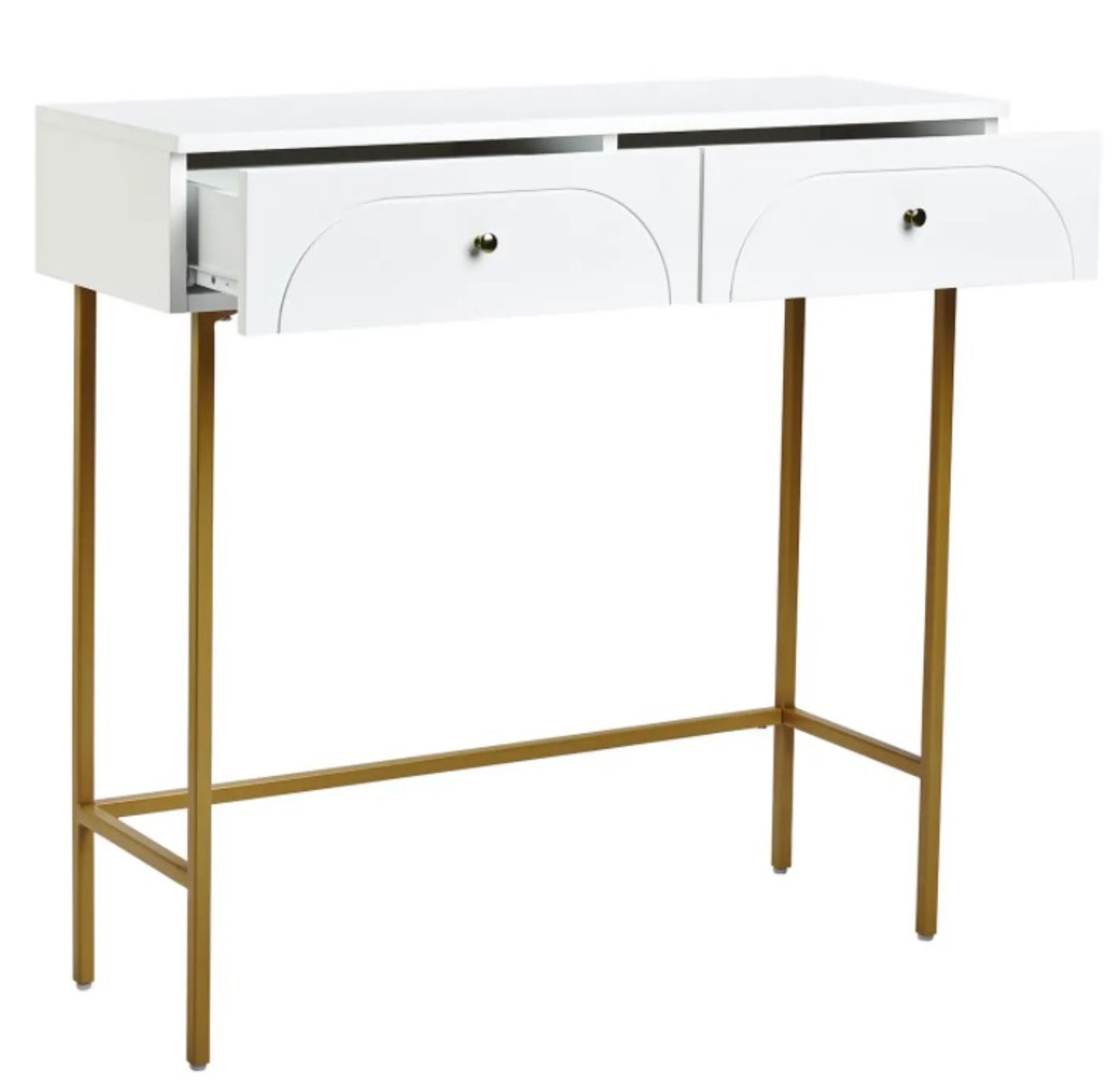 (Mz) 1x House Beautiful Taylor 2 Drawer Console Desk White RRP £99. White Gloss Finish. Gold Effec - Image 3 of 5