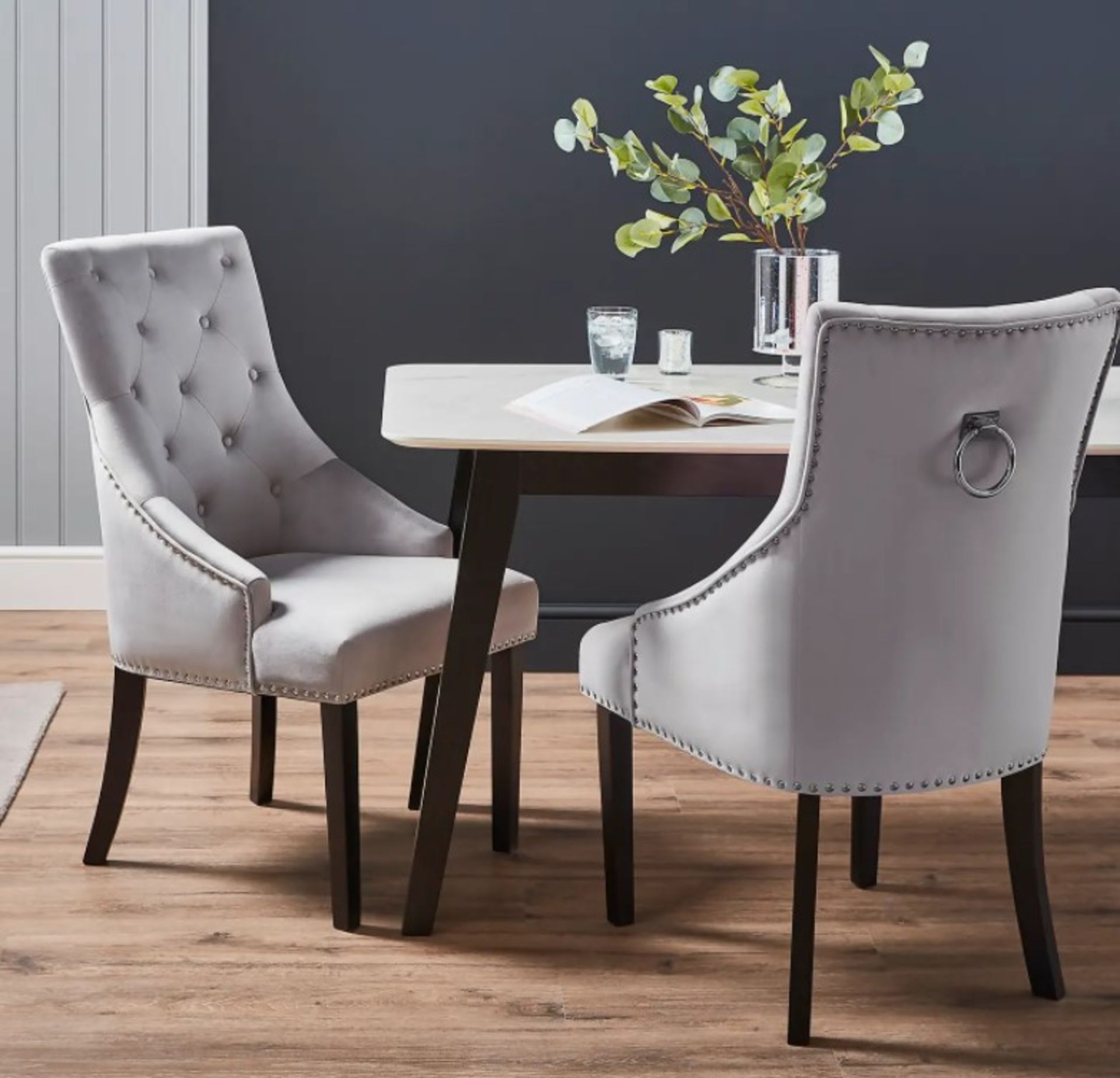 2x Annabelle Velvet Chairs Grey RRP £170. Black Painted Rubberwood Legs. (H102x W56x D72cm) . - Image 2 of 3