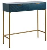 (Mz) 1x House Beautiful Trixie 2 Drawer Console Desk Blue RRP £99. Gloss Finish, Gold Effect Frame