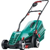 (7C) 3x Mixed Lawnmowers. 1x Bosch Rotak 34-13 Rotary. 1x Flymo EasiStore 340R Li. 1x Powerbase Rot