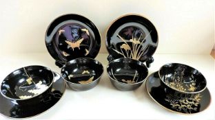 Vintage Japanese Hand Painted Lacquer Bowls and Plates