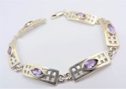 Sterling Silver and Amethyst Mackintosh Style Bracelet