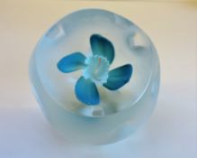 Blue Flower Frosted Art Glass Paperweight Large 12cm Wide