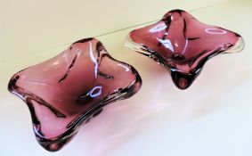 Pair Murano Sommerso Free Form Pink Art Glass Bowls