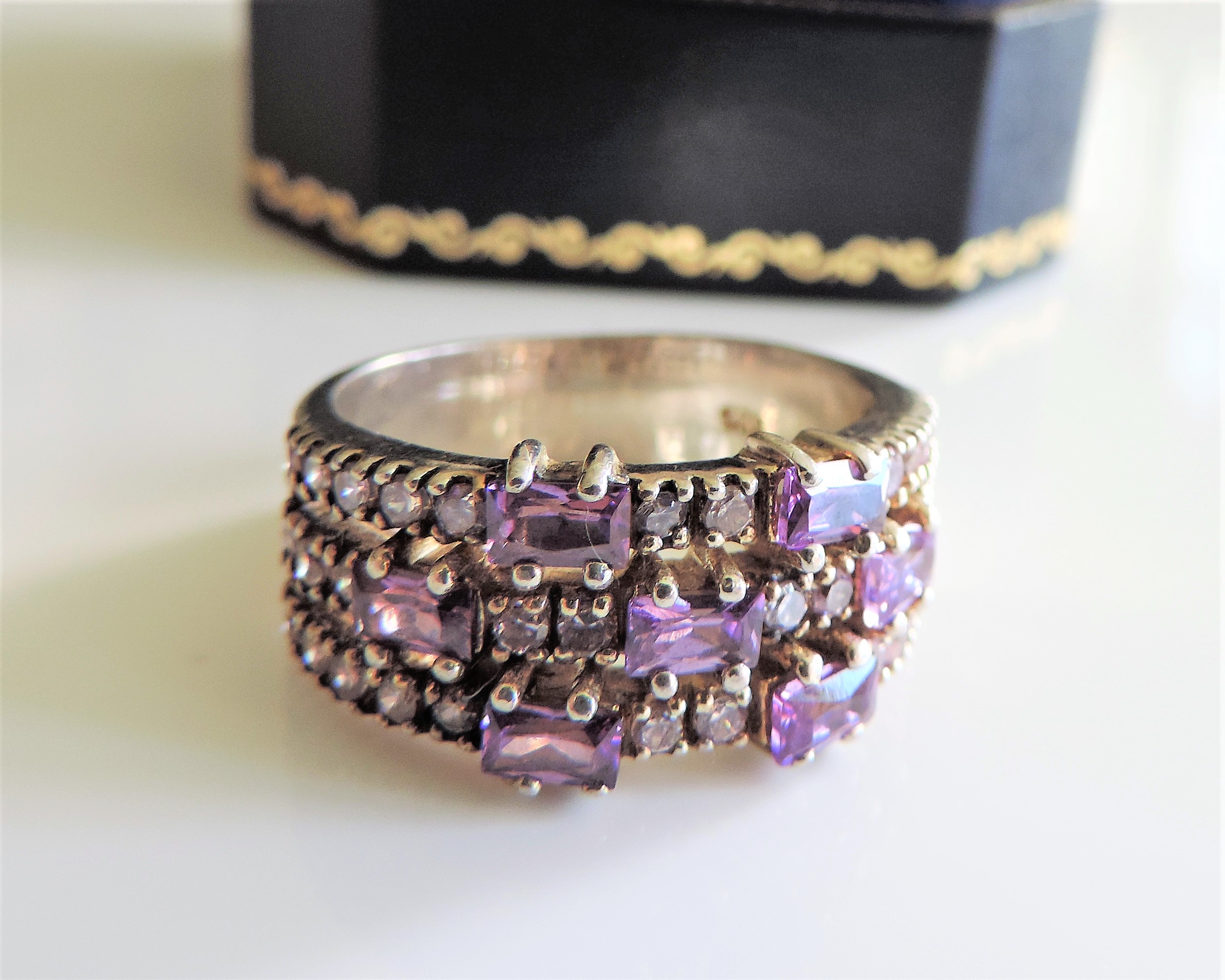 Sterling Silver Amethyst & Sapphire Cluster Band Ring New with Gift Box