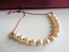 Rose Gold Silver Cultured Pearl Bracelet New with Gift Pouch