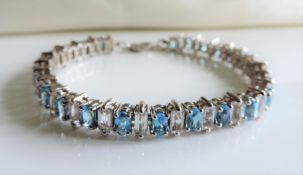 Sterling Silver 16Ct Blue and White Topaz Tennis Bracelet New with Gift Box