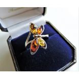 Sterling Silver Baltic Amber Butterfly Ring New with Gift Pouch