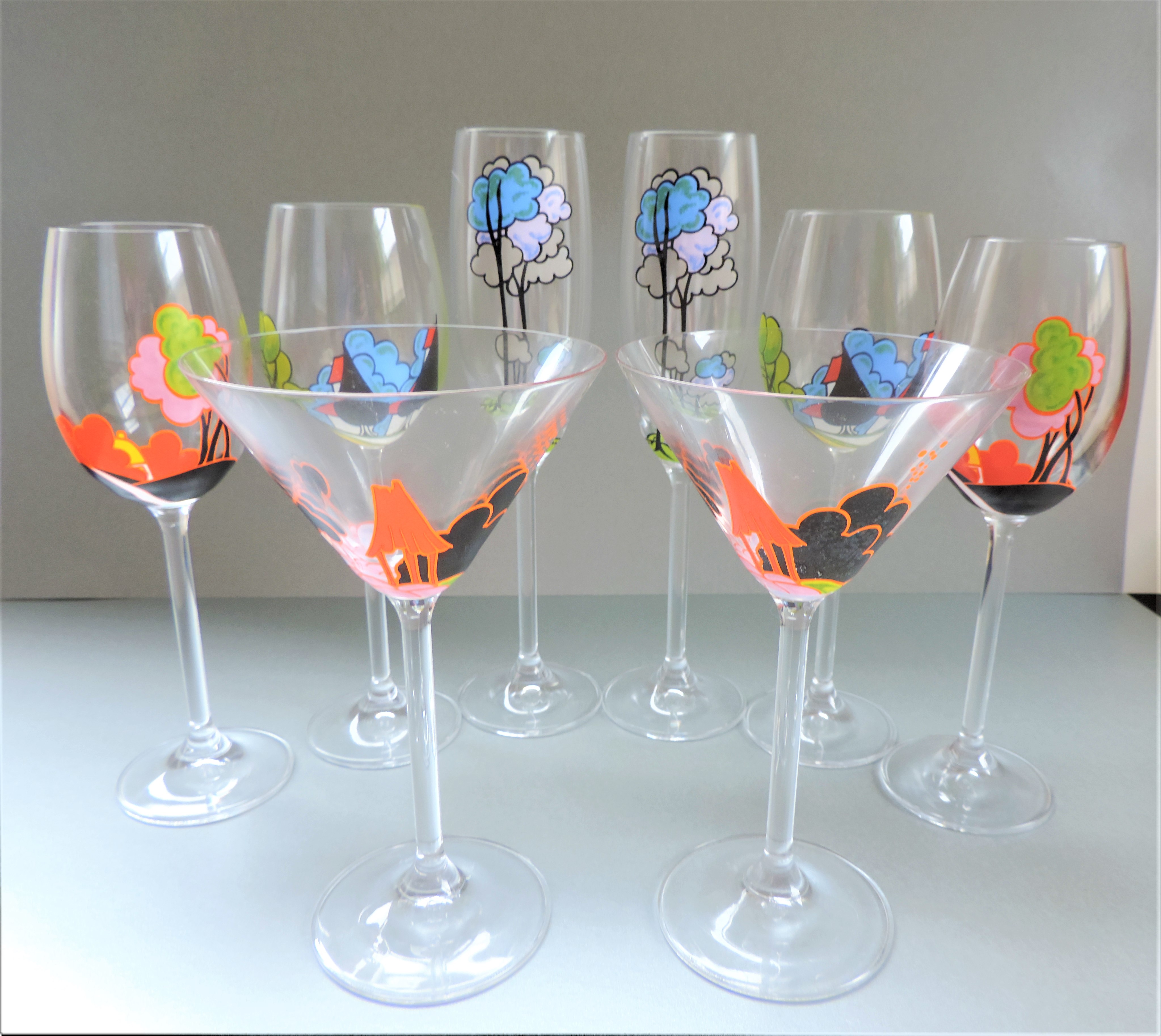 Suite Vintage French Hand Painted Wine & Cocktail Glasses