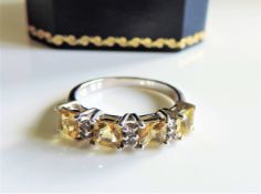 Sterling Silver Yellow Citrine & White Sapphire Ring New with Gift Box