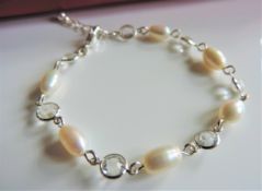 Cultured Pearl & White Gemstone Bracelet New with Gift Pouch