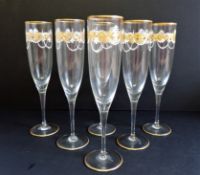 Set 6 Vintage Moser Hand Decorated Champagne Flutes