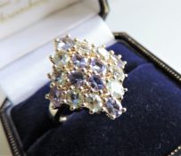 Gold on Sterling Silver 3Ct Aquamarine & Tanzanite Cluster Ring new with Gift Box