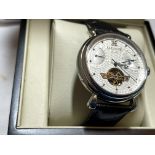 Grand Calendar Silver & Black Leather Automatic Men's Watch
