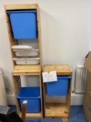 3 wood and plastic storage units