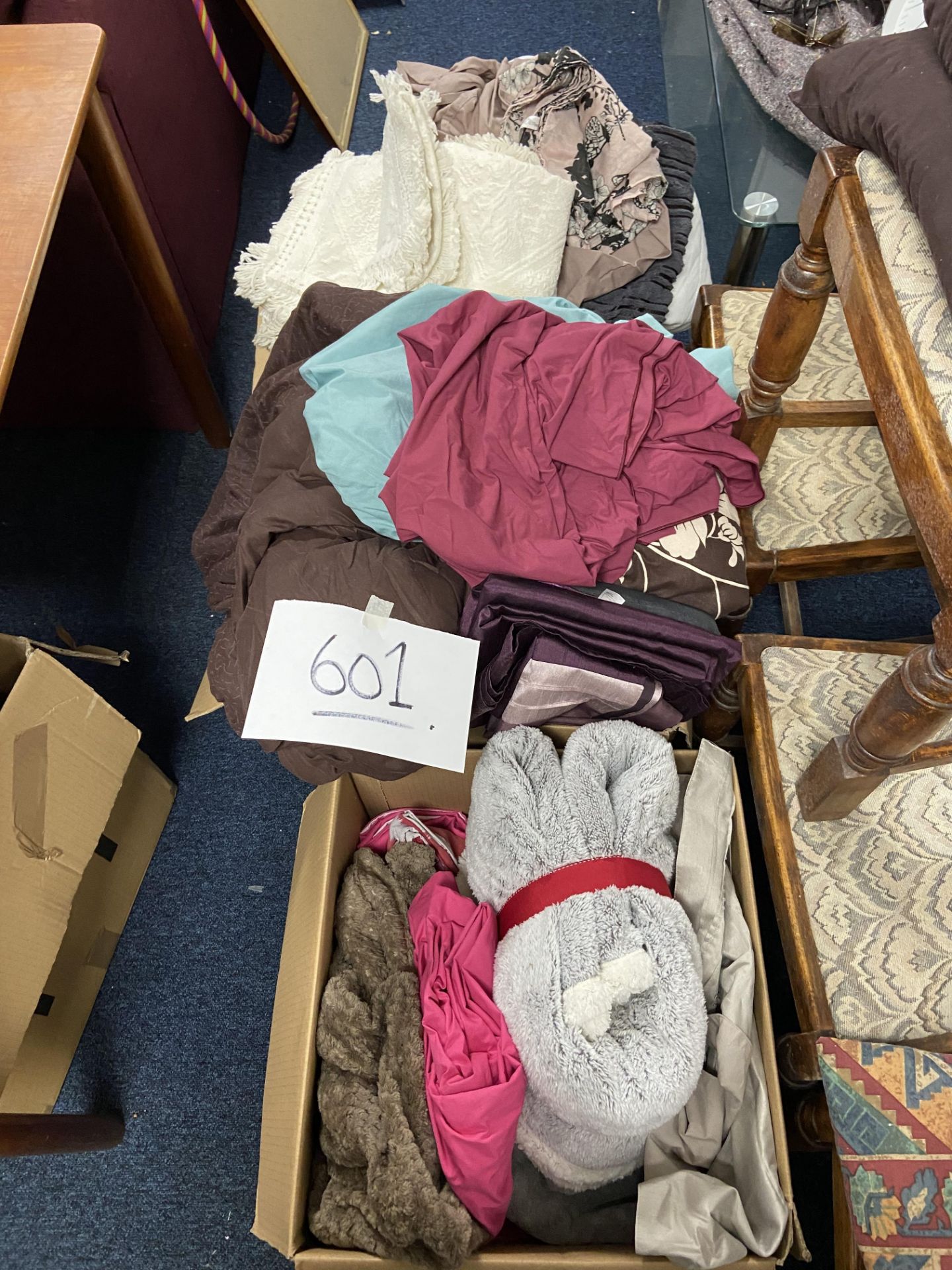 3 boxes of material, curtains, throws, linen etc