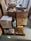 Pallet of office supplies, new but some items have tatty packaging
