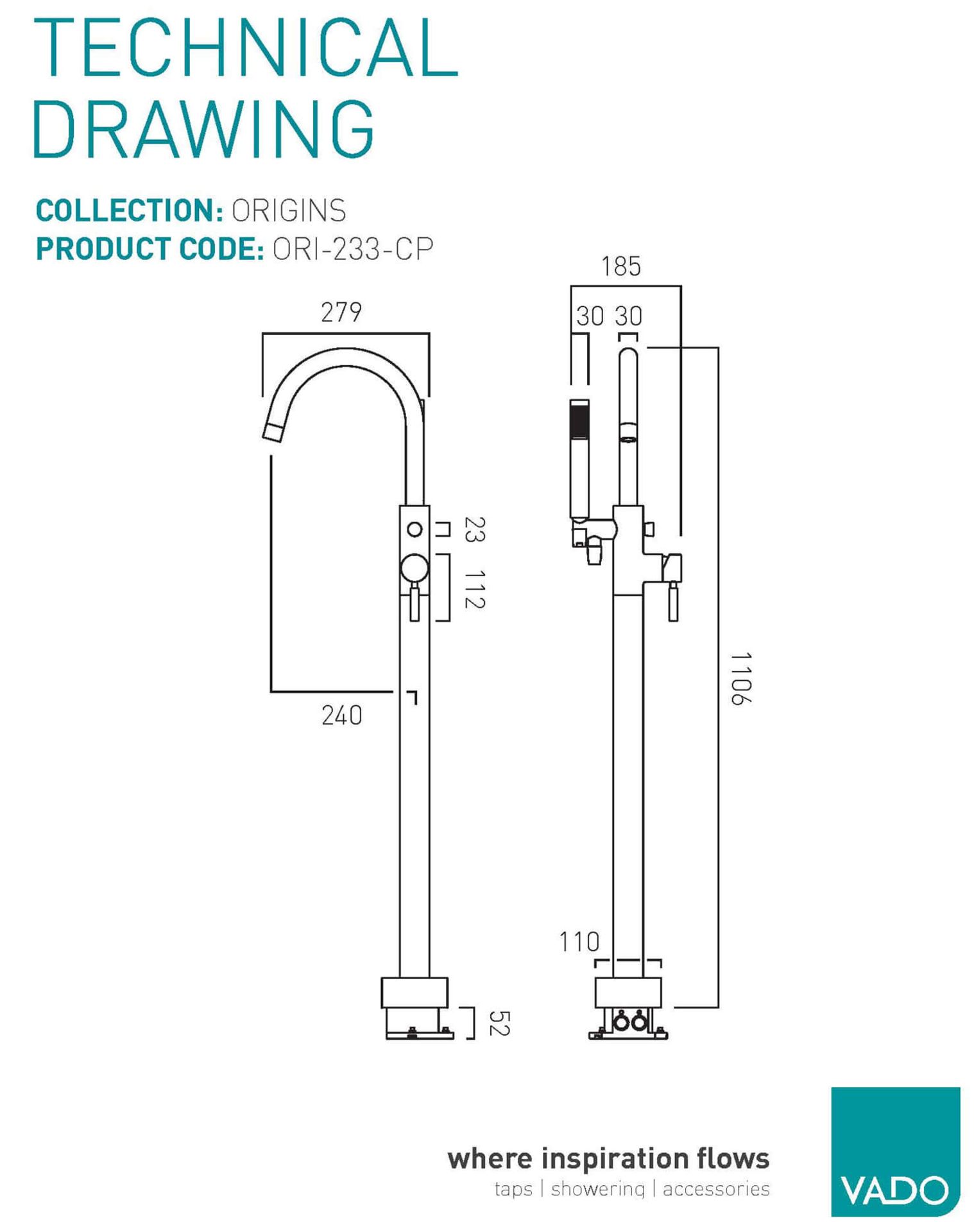 ZZ-VAD-ORI-233-CP - Vado Origins Floor Standing Bath Shower Mixer Tap with Shower Kit - Chrome.... - Image 2 of 2