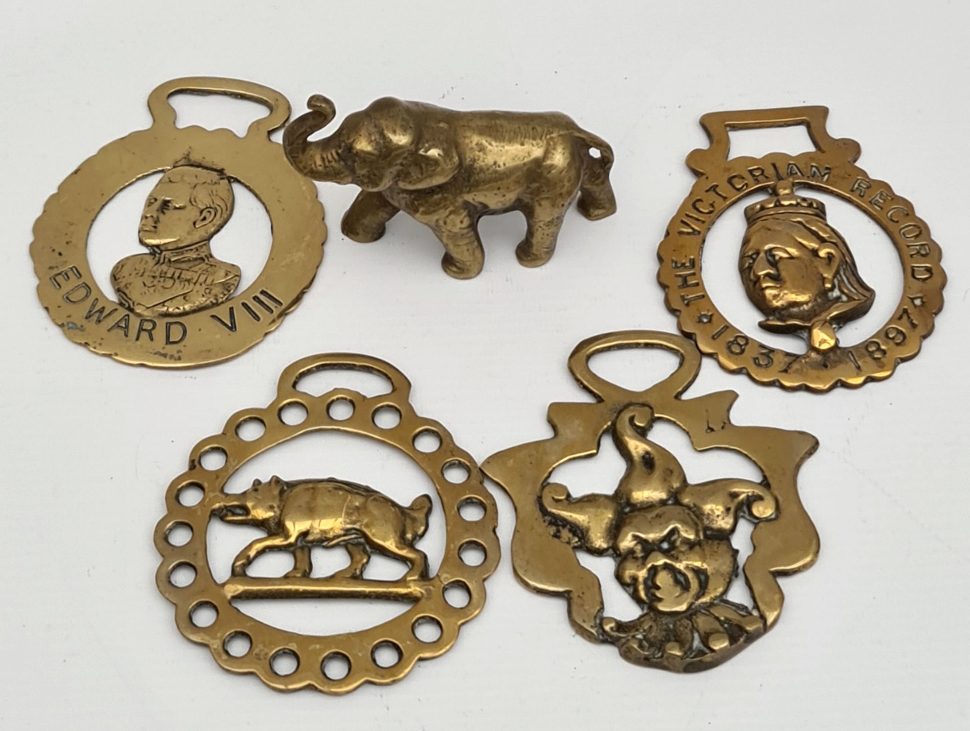 Antique Brass Horse Brasses Plus A Cast Brass Elephant. Antique Brass Horse Brasses Plus A Cast