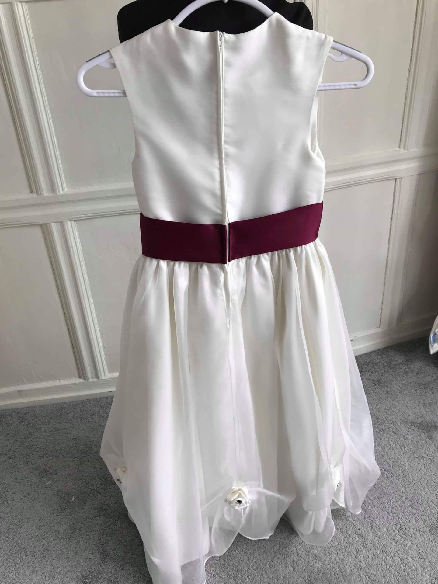 Ivory Flowergirl Dress with Burgundy Sash - Image 3 of 4