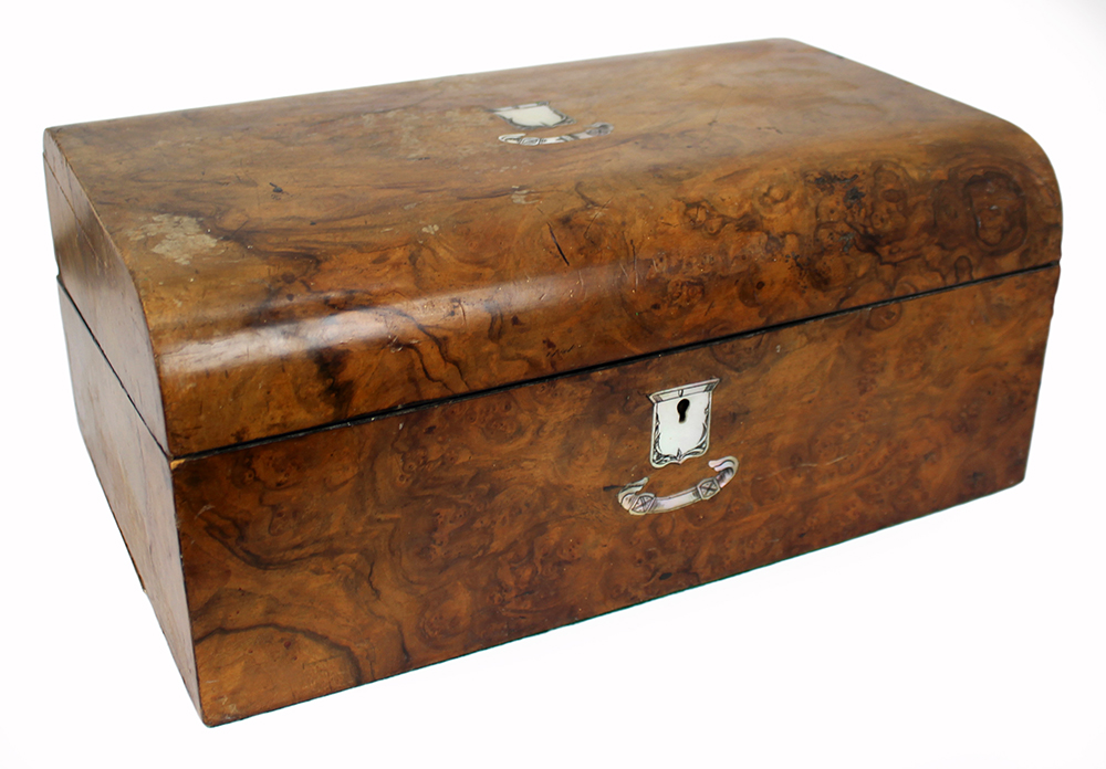 Victorian Walnut Writing Box with Mother of Pearl Crested Decoration