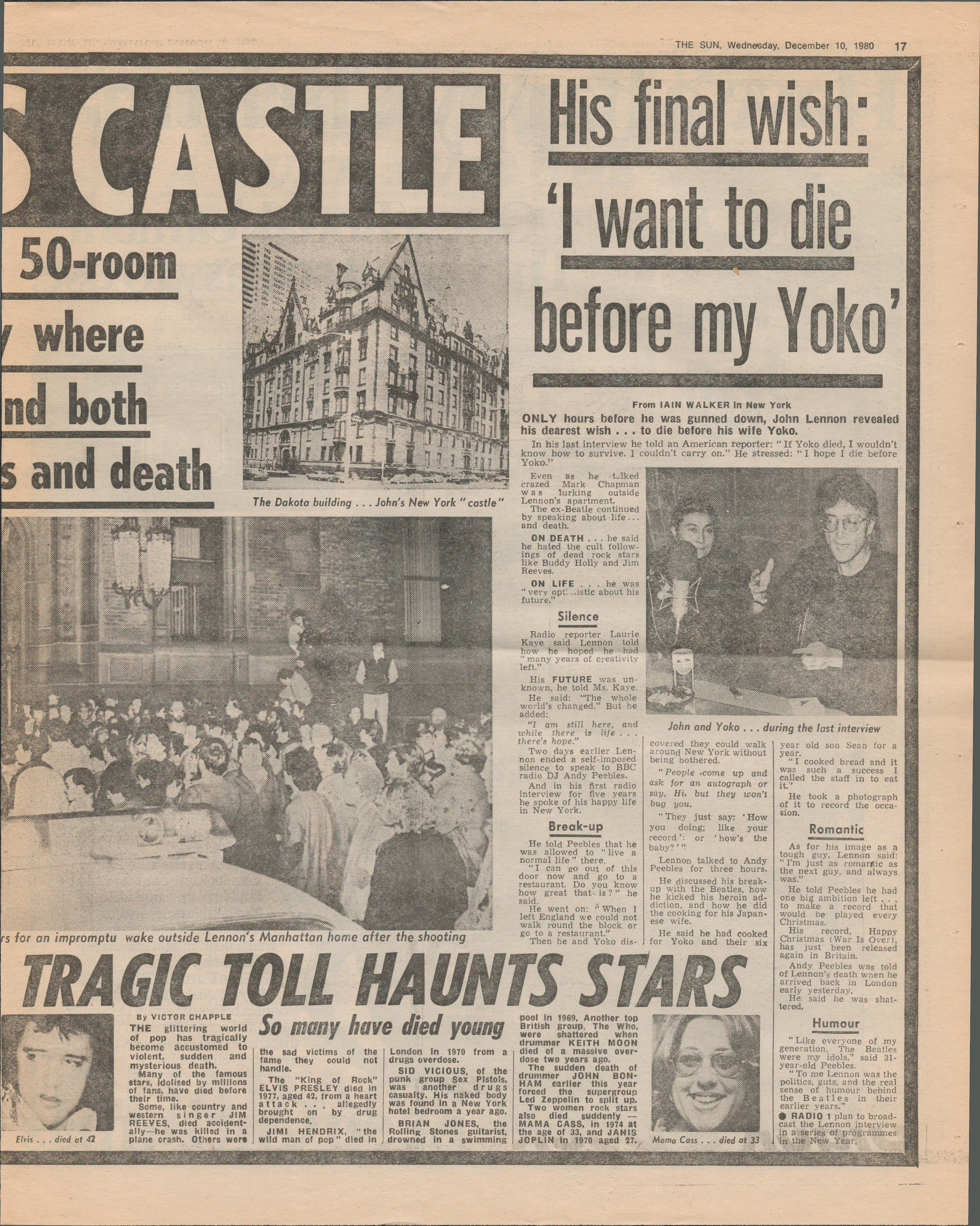 Beatles John Lennon Death Original Newspaper Dec 10th 1980. - Image 7 of 7