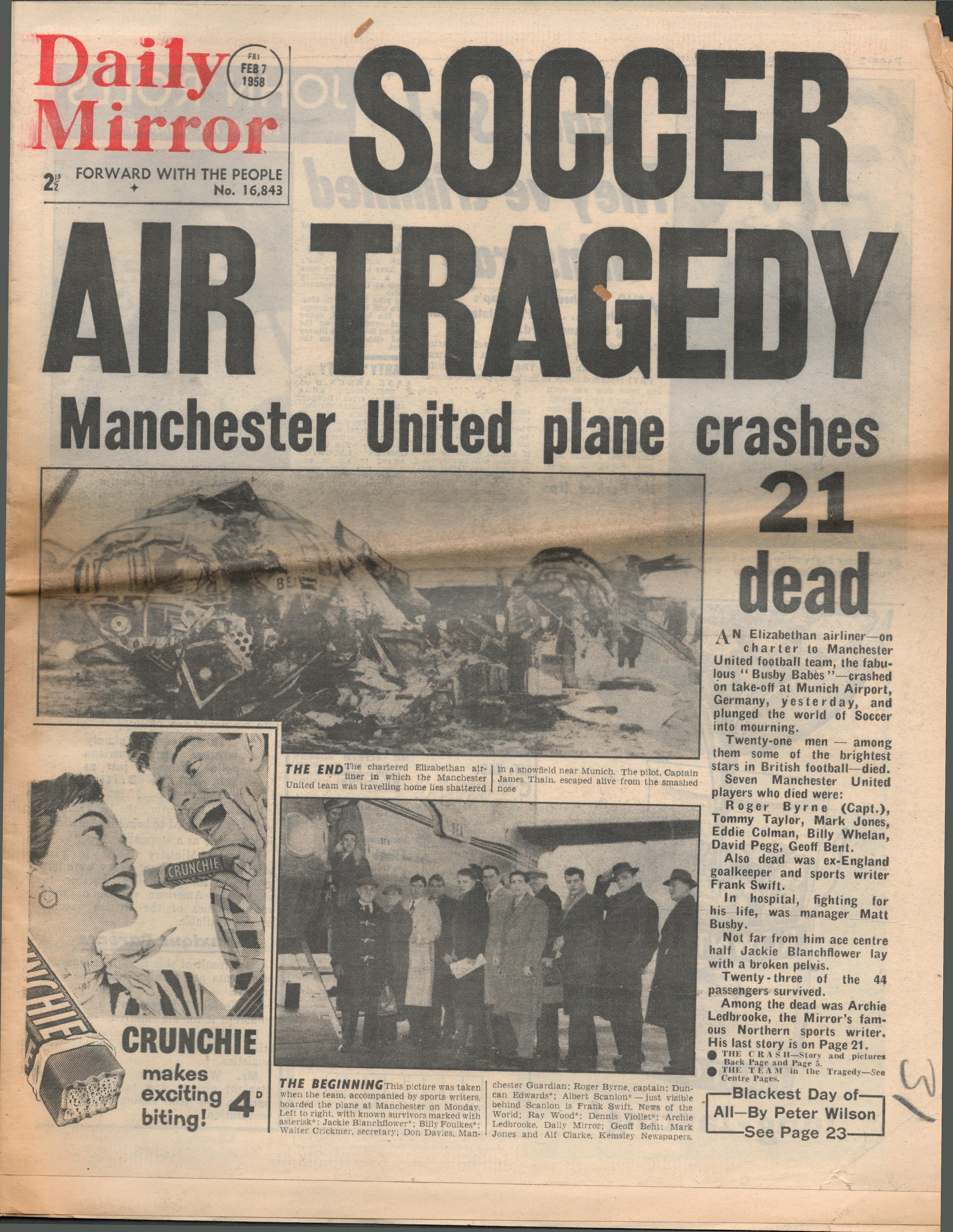 Manchester United Munich 1958 Original Daily Mirror Newspaper