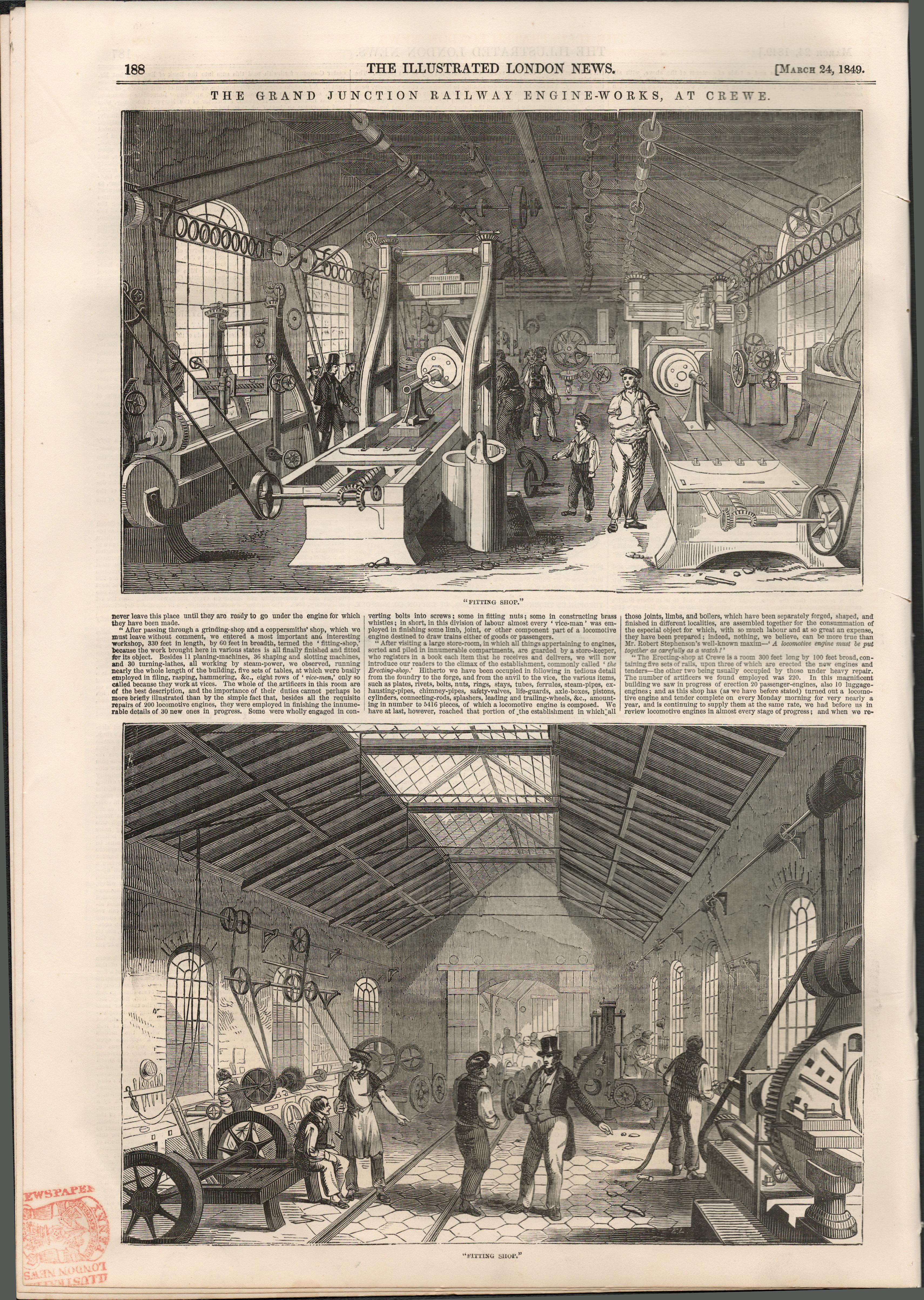 1849 Victorian Railway Engine Works at Crewe Junction Newspaper.