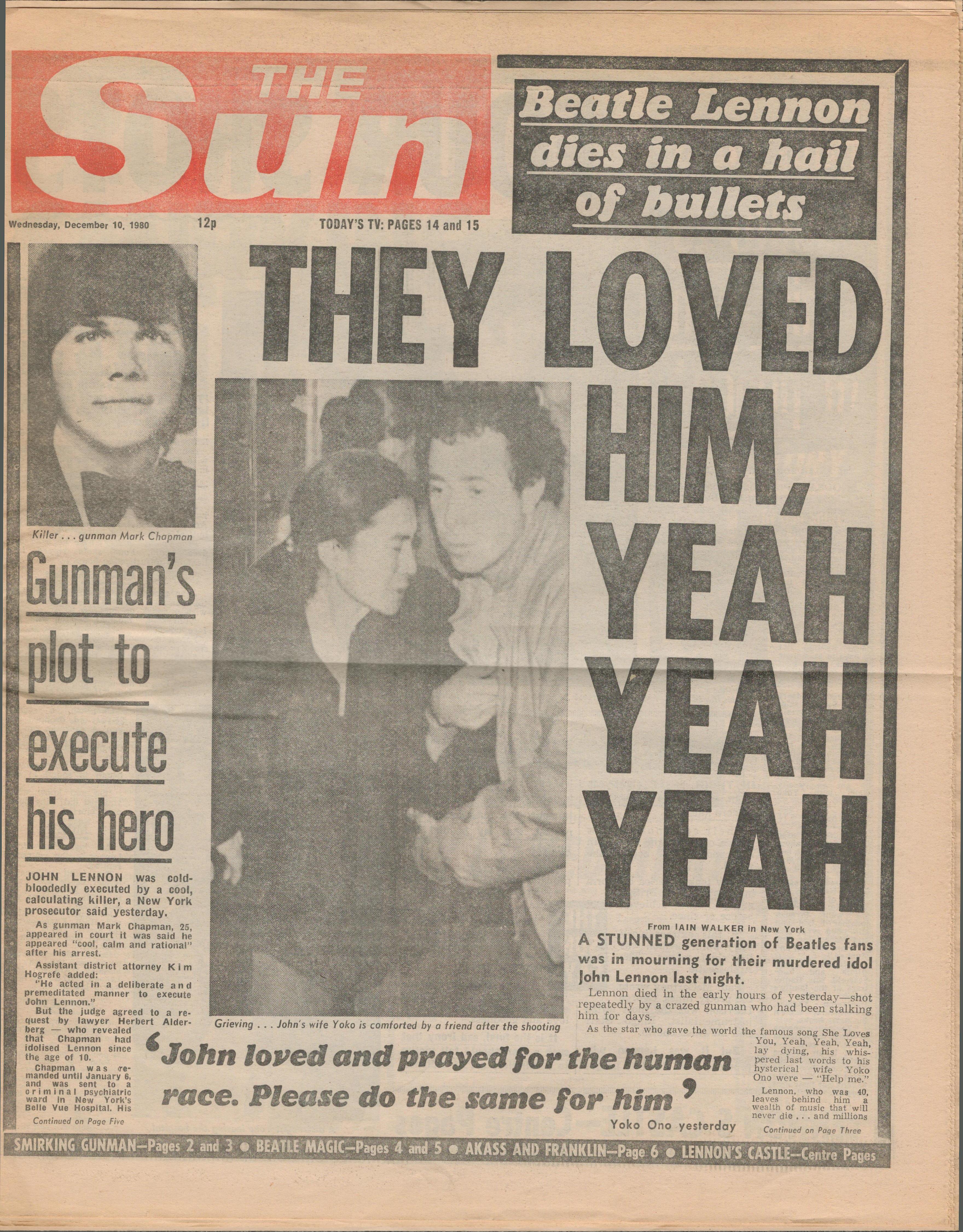 Beatles John Lennon Death Original Newspaper Dec 10th 1980.