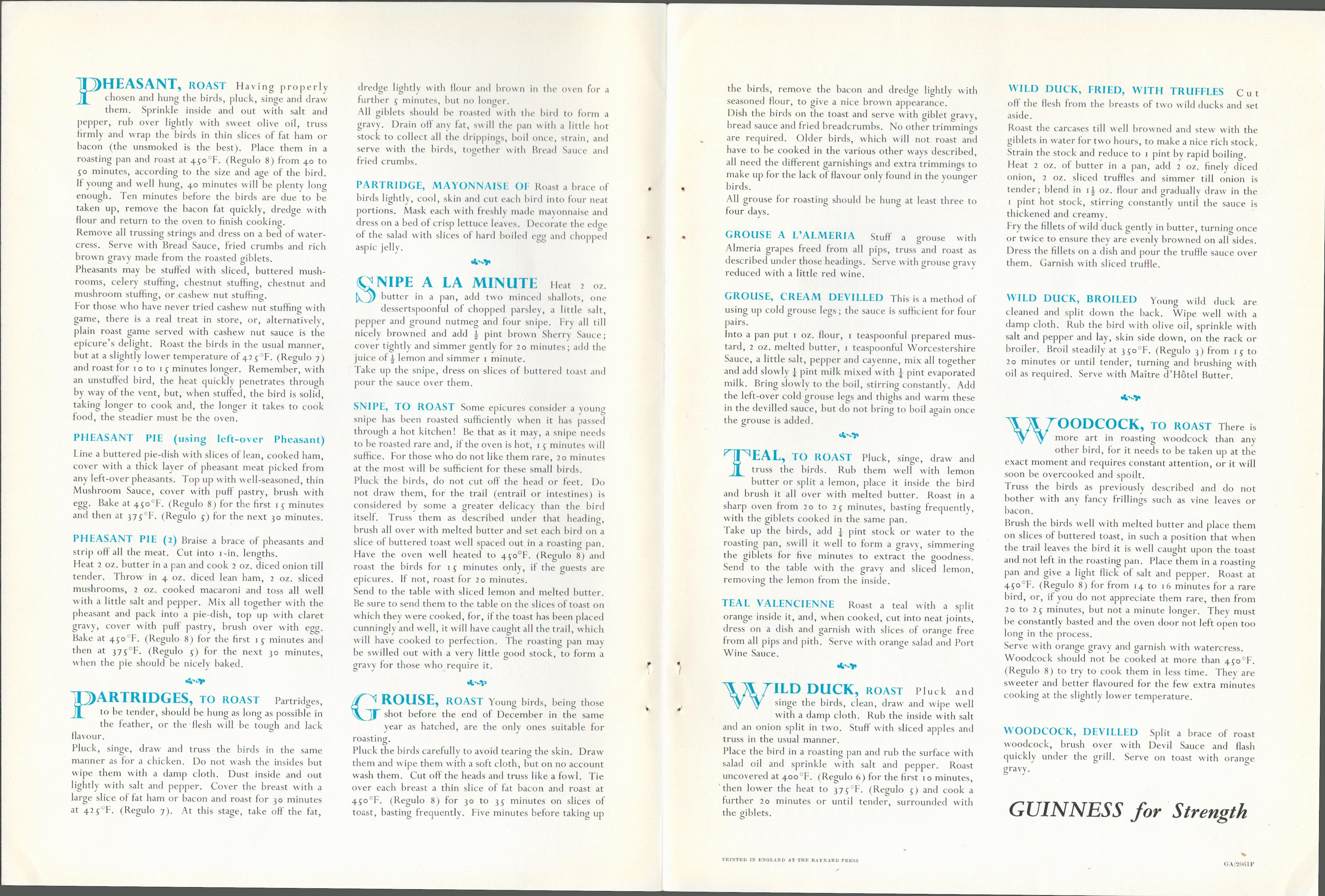 Double Sided Vintage 1961 Guinness Print 'Game Bird Recipes"Double Sided 1961 Guinness Advertisement - Image 2 of 2