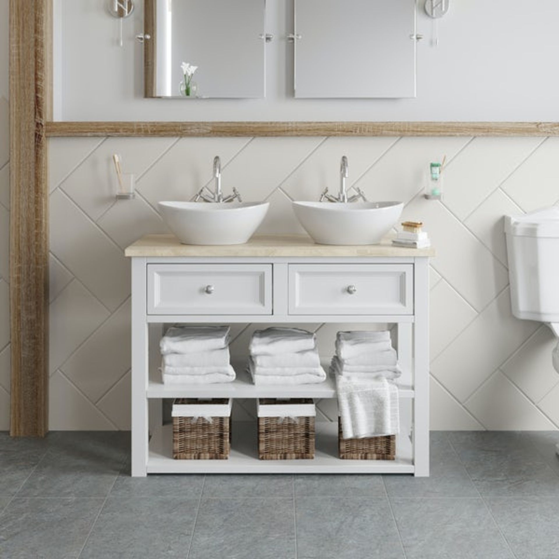 RRP £619. The Bath Co. Marlow 1040mm double washstand with Oak Effect Worktop. 470mm wide. Does Not - Image 2 of 3
