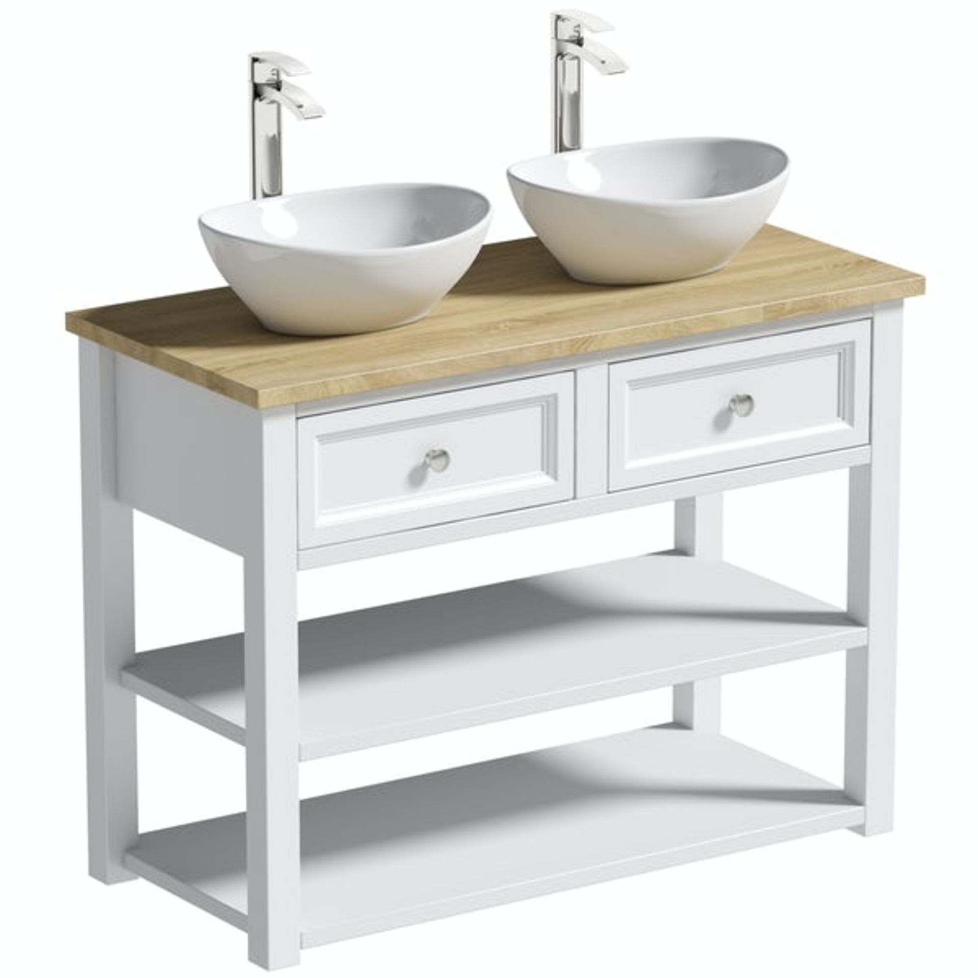RRP £619. The Bath Co. Marlow 1040mm double washstand with Oak Effect Worktop. 470mm wide. Does Not