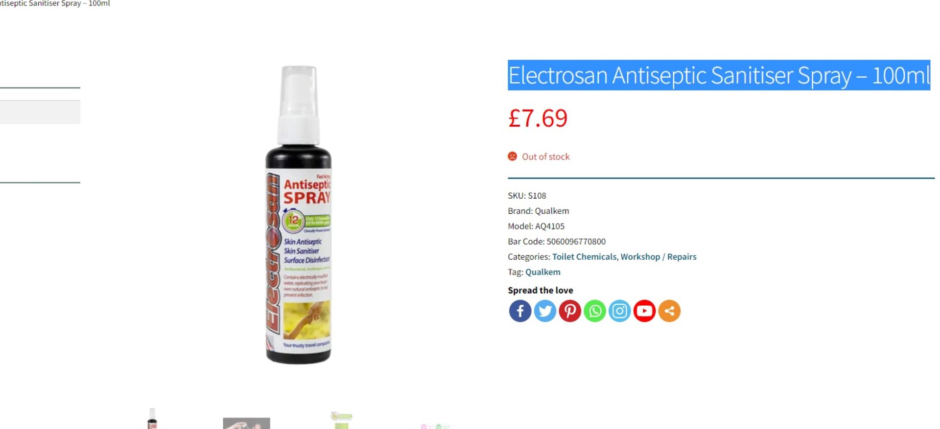 108 X Electrosan Antiseptic Sanitiser Spray Ð 100ml RRP £7.69 Each