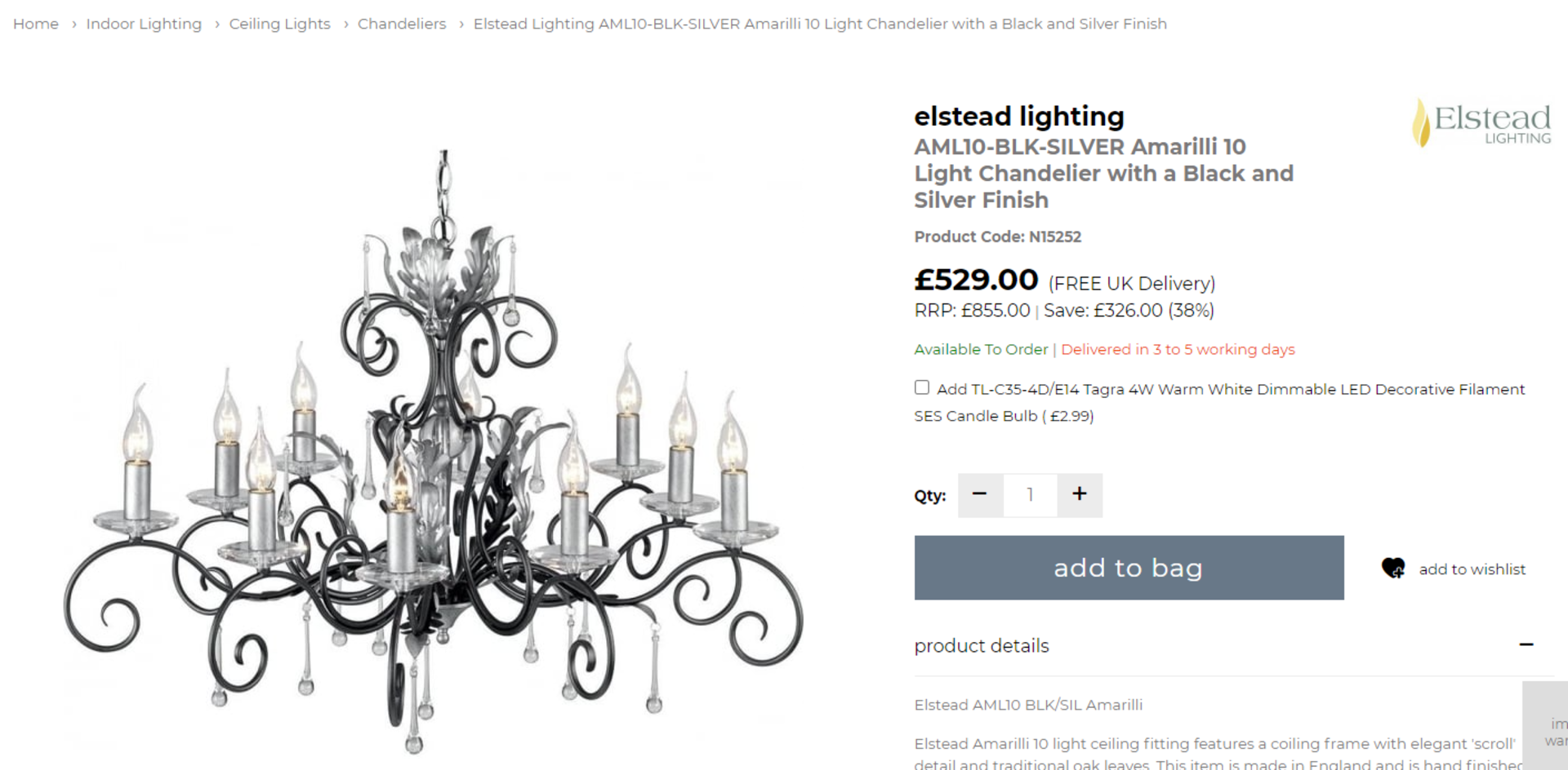 Pair Of Elstead Lighting Amarilli 10 Light Chandelier With A Black - Silver Finish Online £529 Each