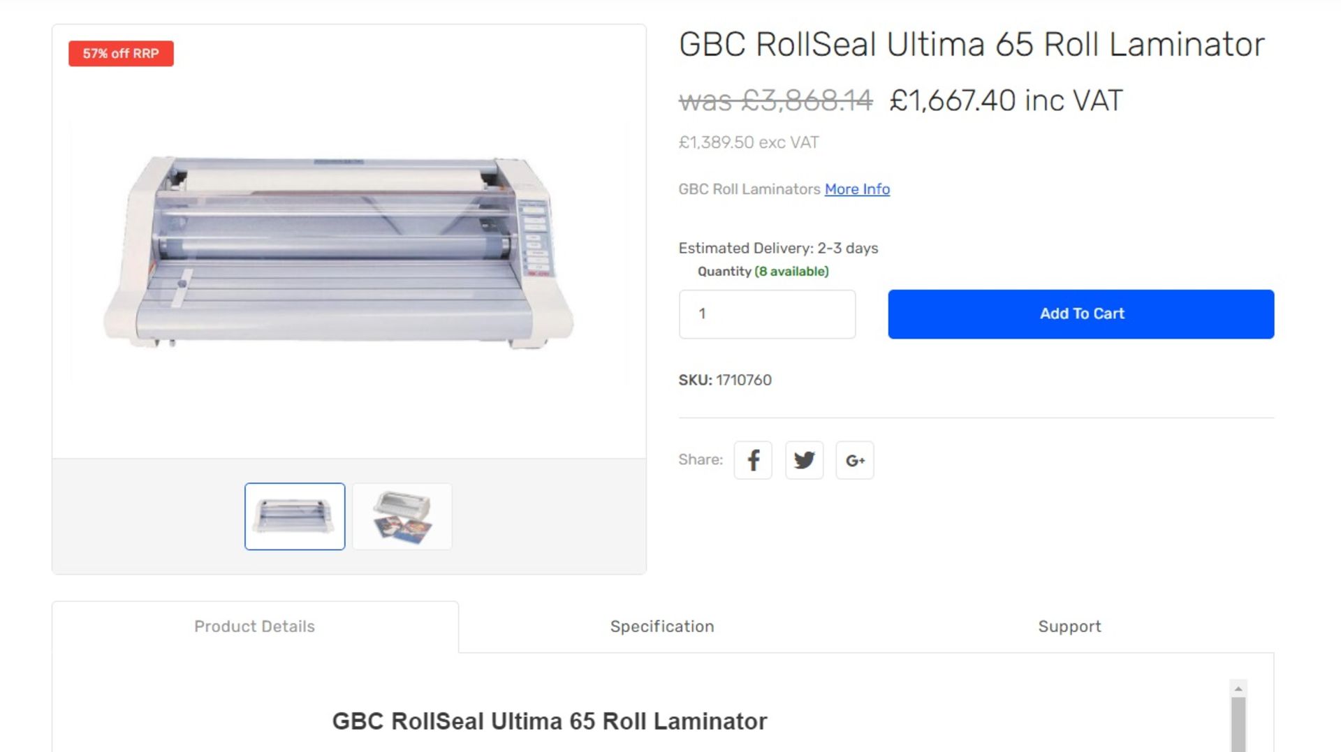 1 X GBC Rollseal Ultima 65 Roll Laminator New, Boxed 60Kg