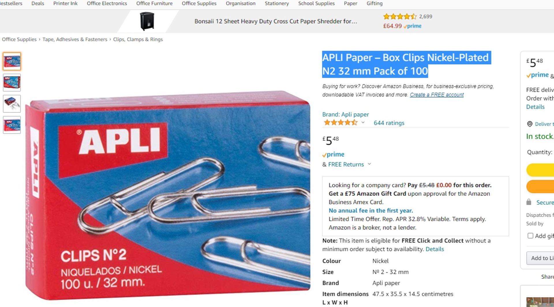 250 X Apli Paper - Box Clips Nickel-Plated N2 32mm Pack Of 100