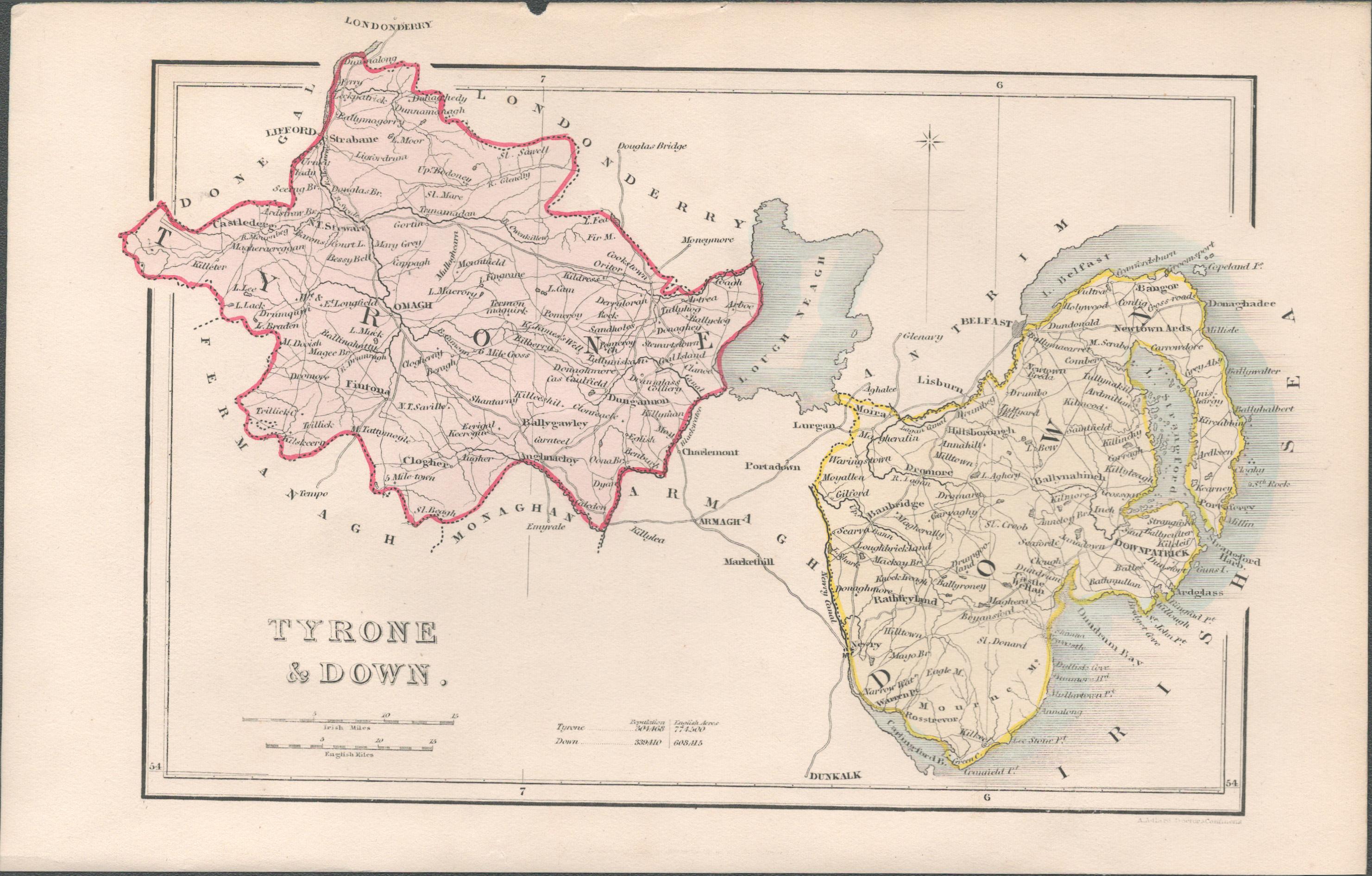 Antique Engraving 1850’s Map Tyrone & Down Ireland