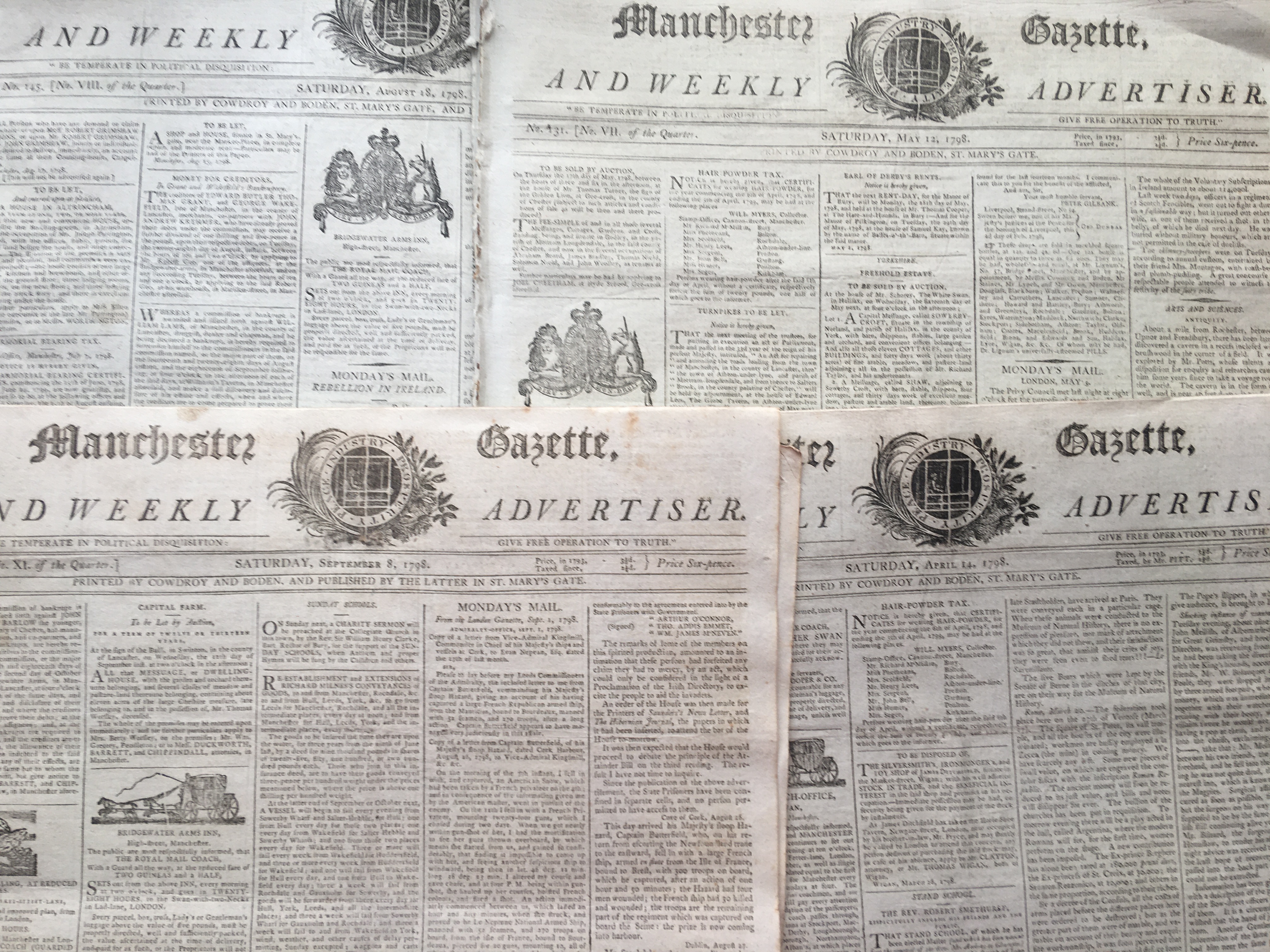Rare Set of 4 Front Newspaper Pages 1798 Irish Rebellion Reports of the Uprising