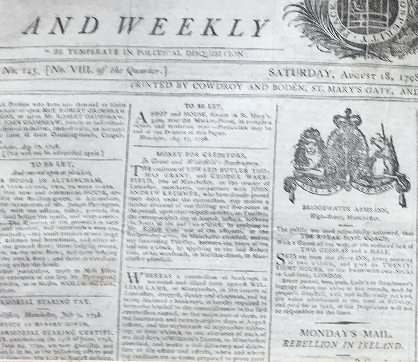 Rare Set of 4 Front Newspaper Pages 1798 Irish Rebellion Reports of the Uprising - Image 3 of 5