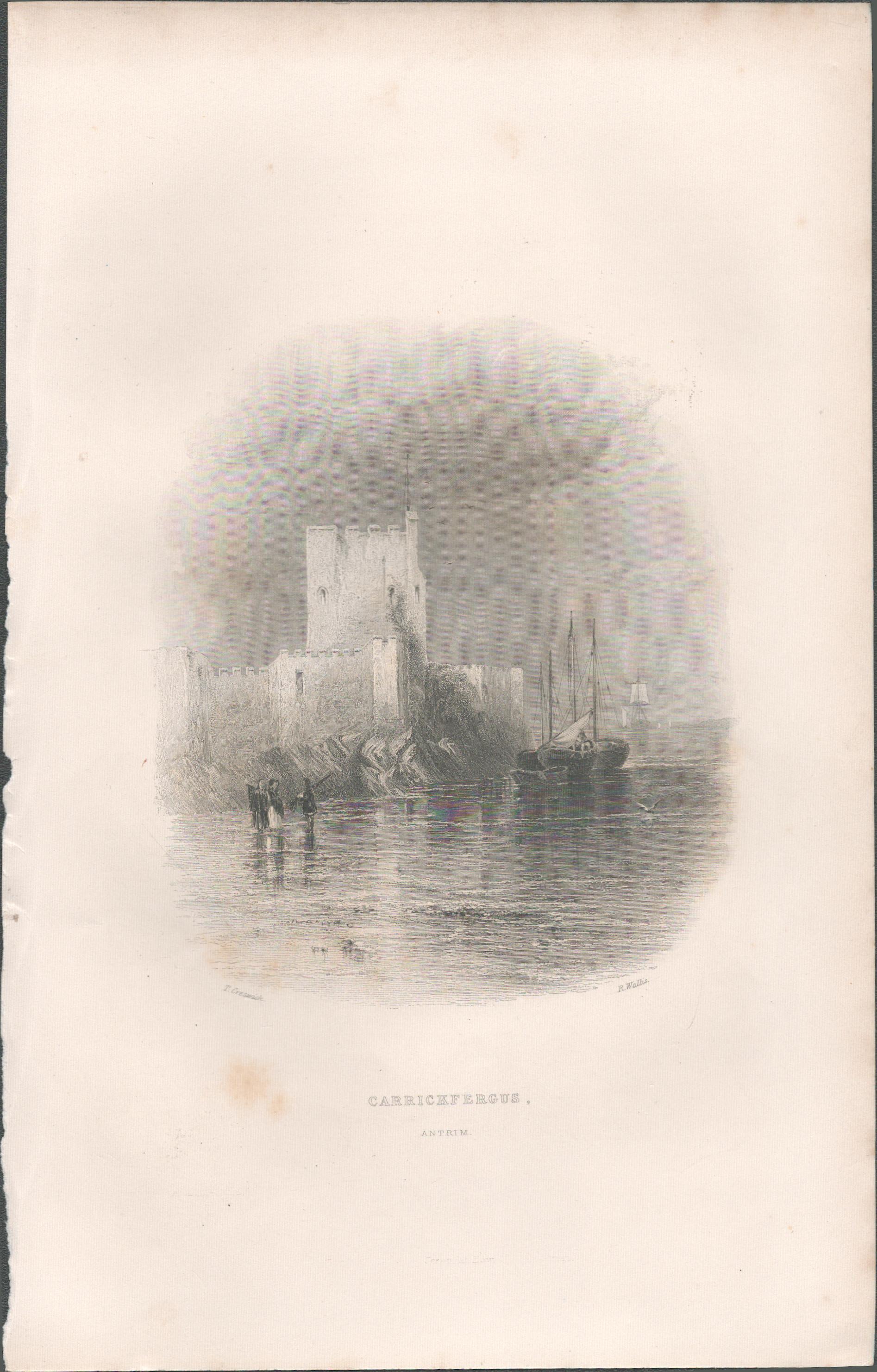 Antique Engraving 1850’s Carrickfergus Antrim.