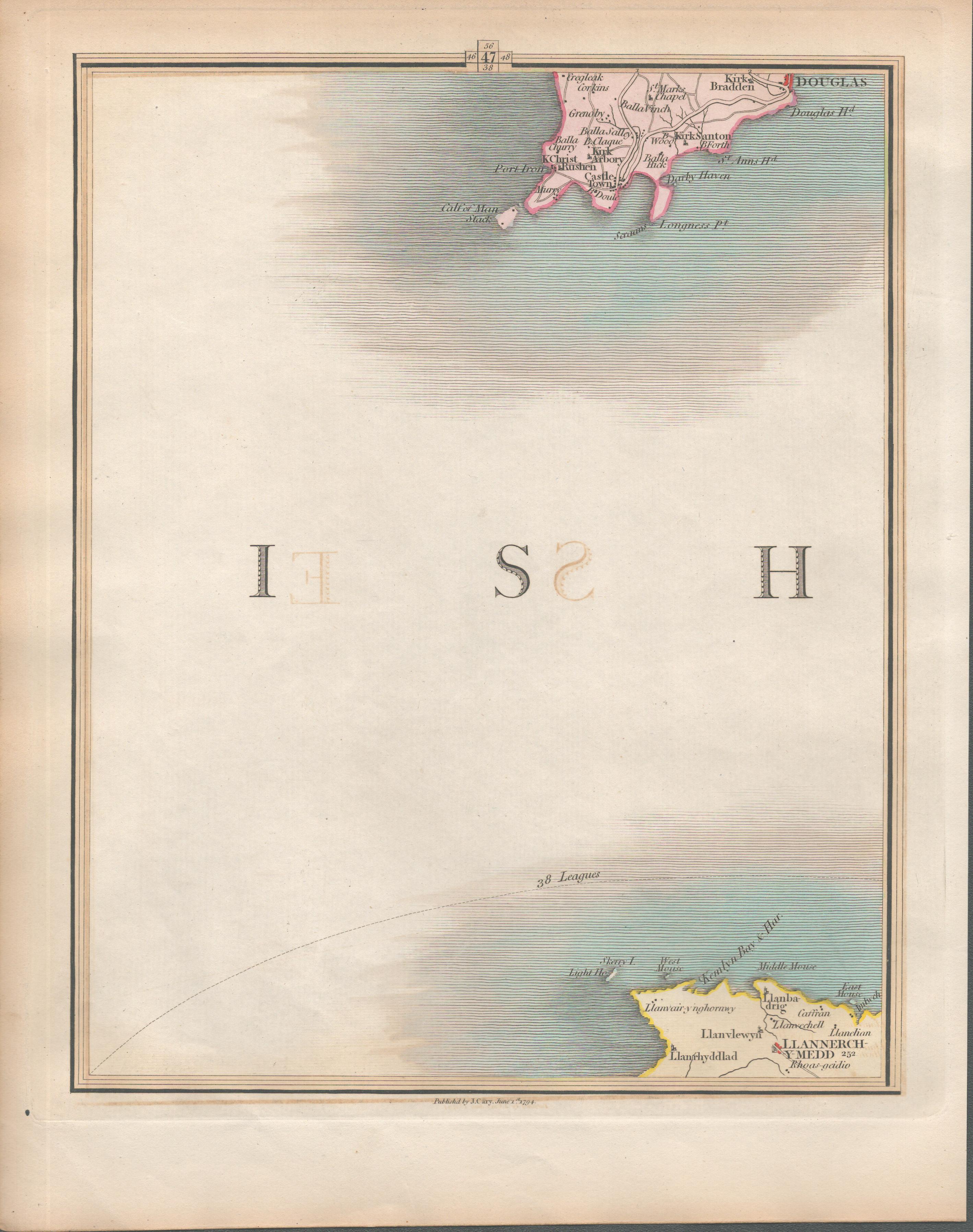 Isle of Man South Douglas, Port Erin John Cary’s Antique 1794 Map.