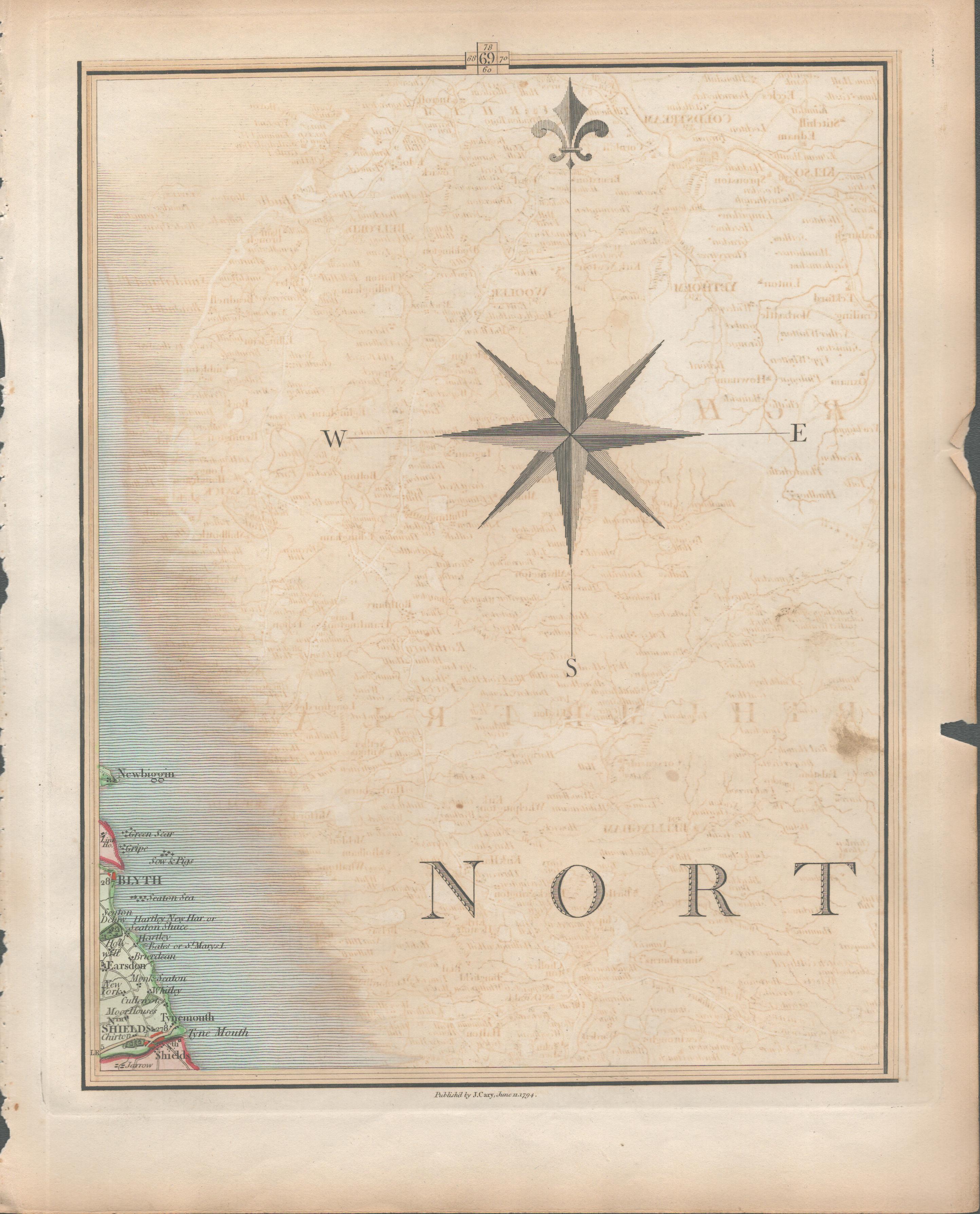 Northumbria South Shields Whitley Bay Blyth - John Cary’s Antique 1794 Map.