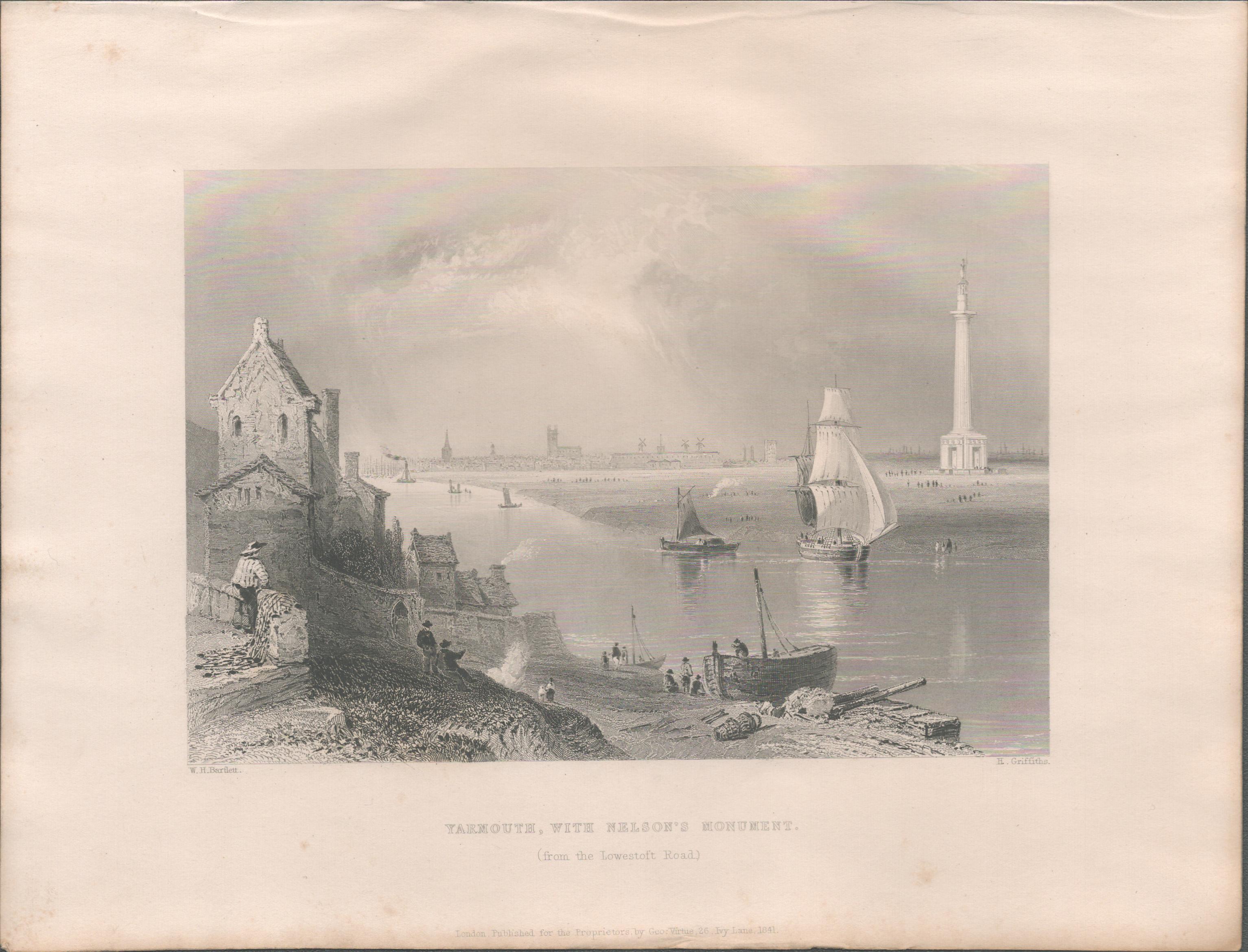 Yarmouth Monument Antique 1842 Steel Engraving.